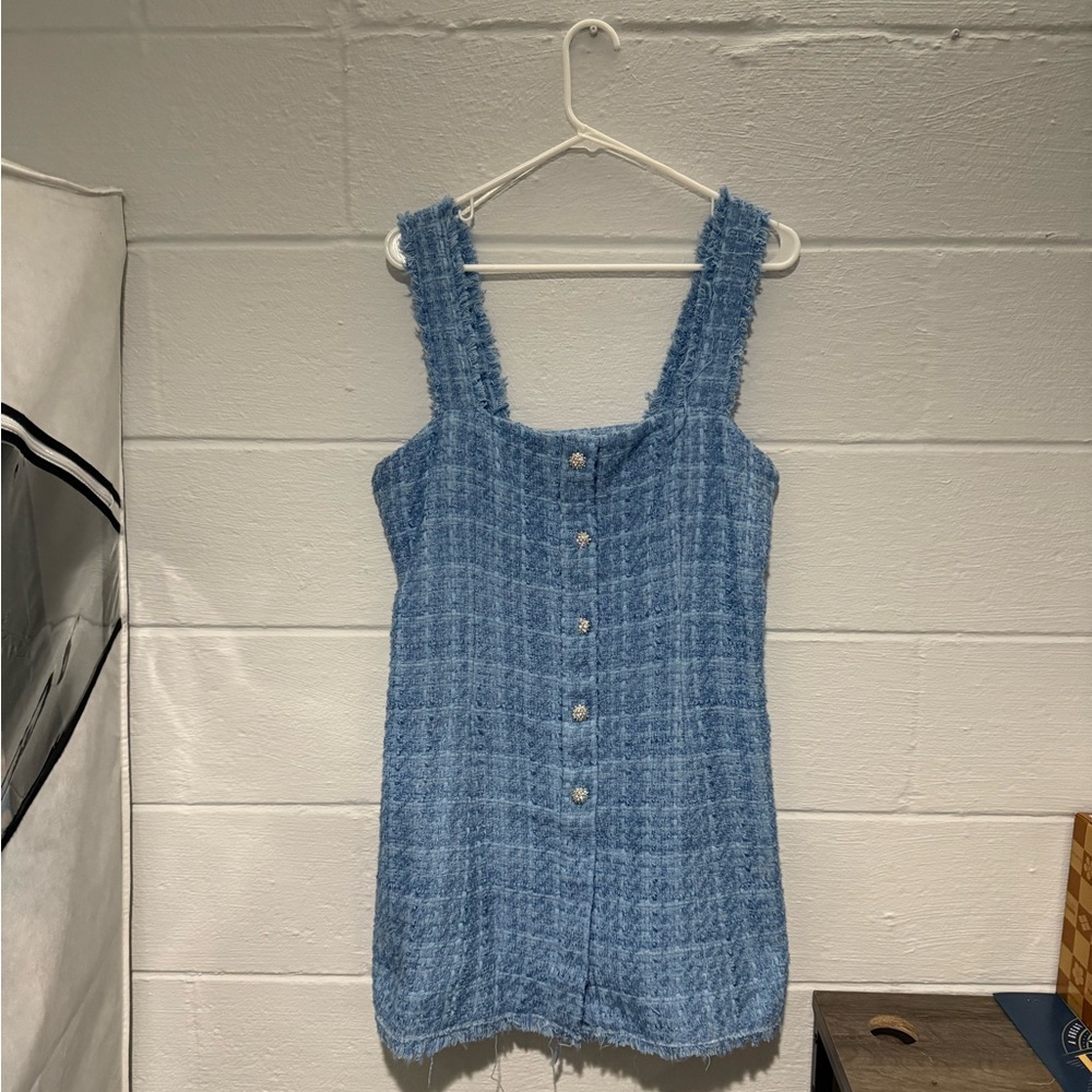 Blue Tweed Button-Up Women's Dress